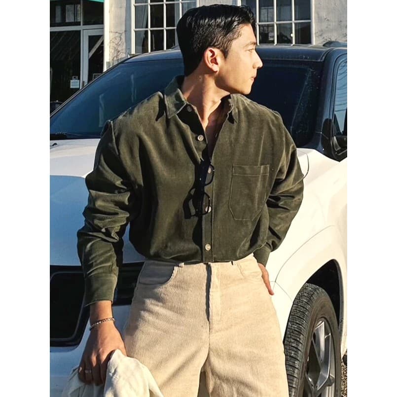 Camisa de veludo europeia masculina americana vintage estilo bolso manga comprida textura listrada camisa Cargo Casual