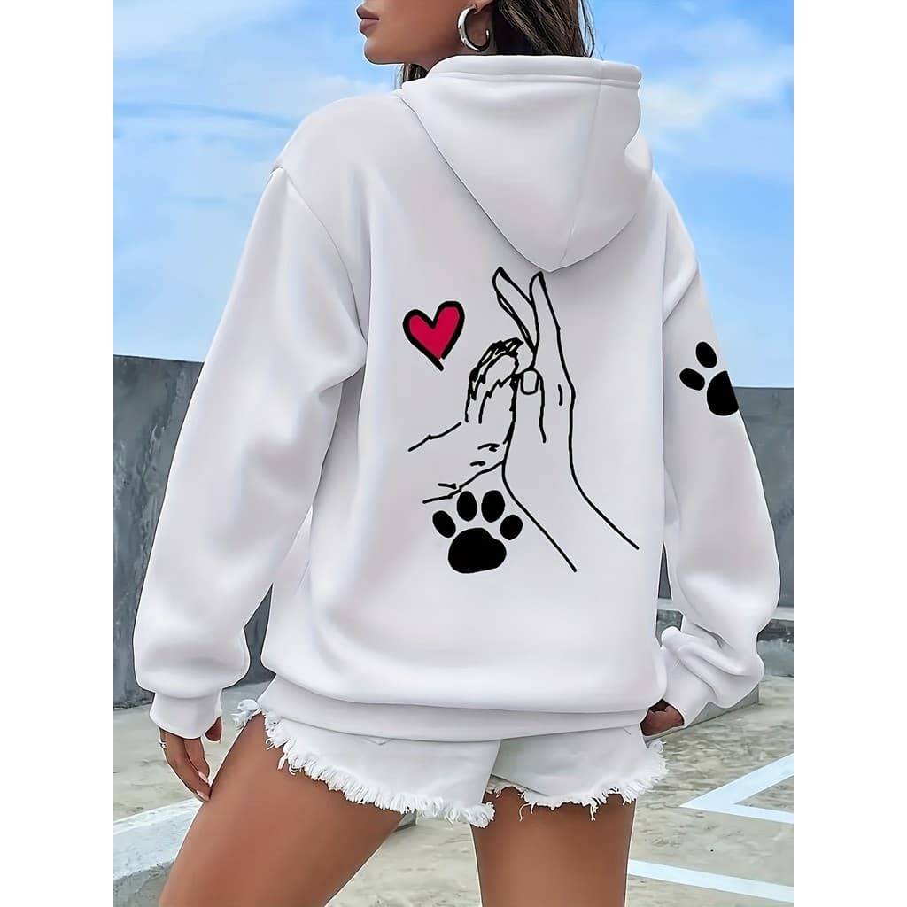 Moletom Feminino Canguru Estampa Patinha E Mão Amor Pet Cachorro Gato Blusa De Frio Casual Confortável