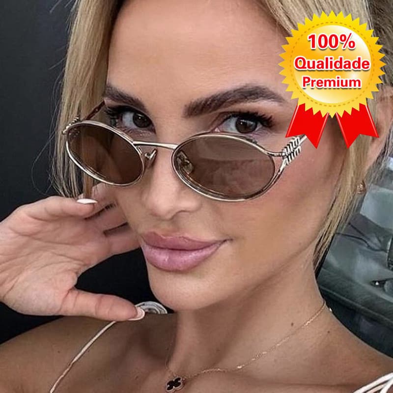 脫culos de Sol Ovais Ocos com Arma莽茫o de Metal Cyberpunk para Mulheres, Estilo Europeu e Americano de Alta Qualidade, 脫cu
