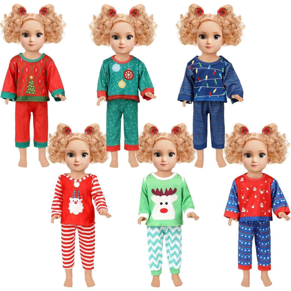 JANYUN Conjunto de 6 Peças de Roupas e Acessórios para Bonecas de 18 Polegadas, Conjunto de Pijamas de Natal para Boneca