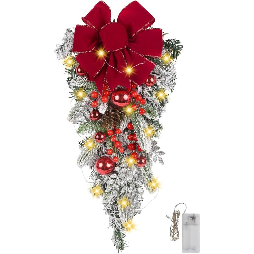 Guirlanda de Natal em Forma de Gota com Luzes 23" Vermelha, Guirlanda de Natal Artificial com Laço de Veludo e Enfeites,
