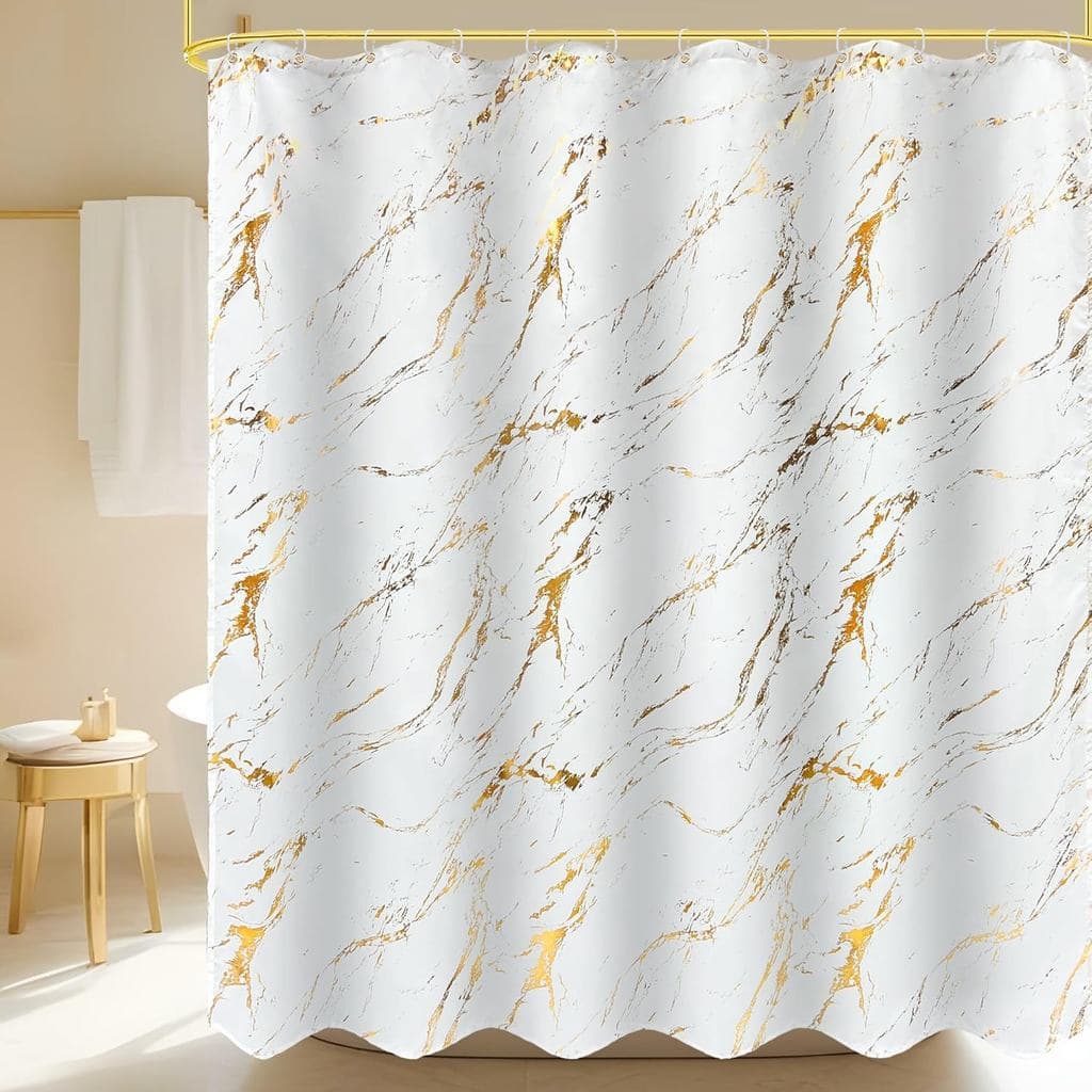 Glawry White Gold Marble Shower Curtain Abstract Crack Texture Geometric Elegant Luxury Bathroom Contemporary Simple Min