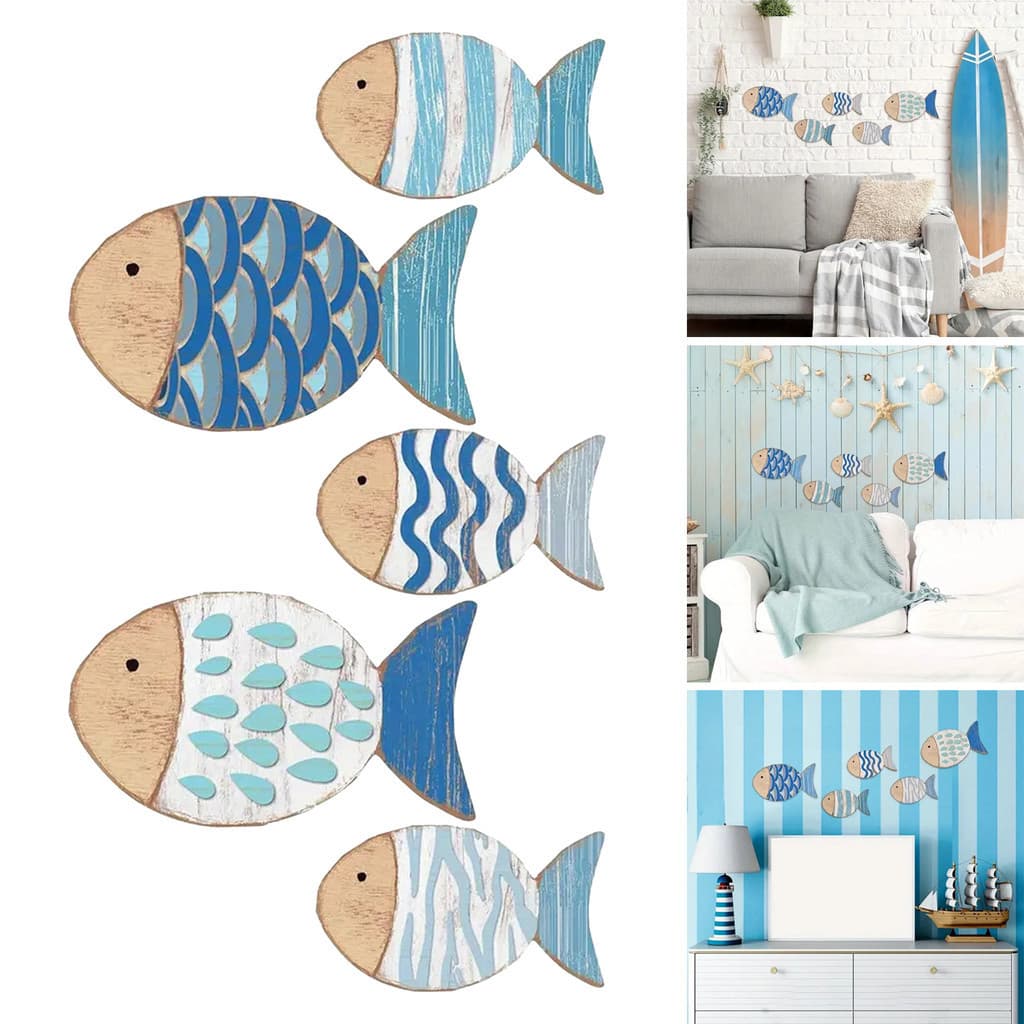 [SKI] 5 Pçs/Set Decoração De Parede De Peixe De Madeira Escola Praia Lago Casa Banheiro Arte Náutico Oceano Costeira Tem
