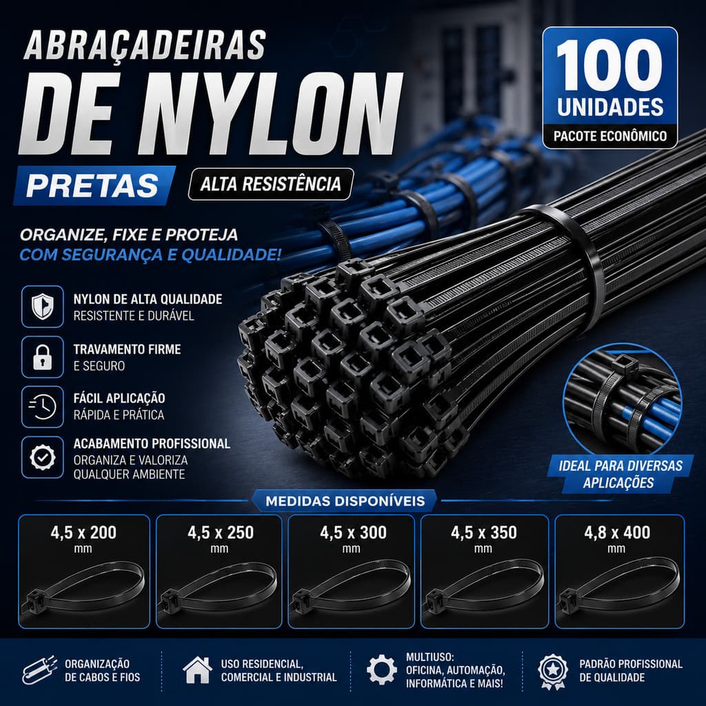 ABRAÇADEIRAS DE NYLON PRETAS 100 UNIDADES ENFORCA GATO PROFISSIONAL DIVERSOS TAMANHOS