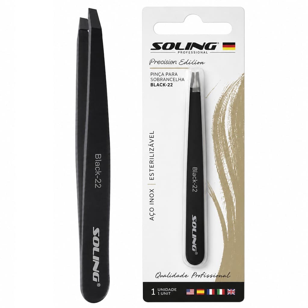 Pinça Reta Soling Black 22 Precisão Profissional Sobrancelha Designer Premium