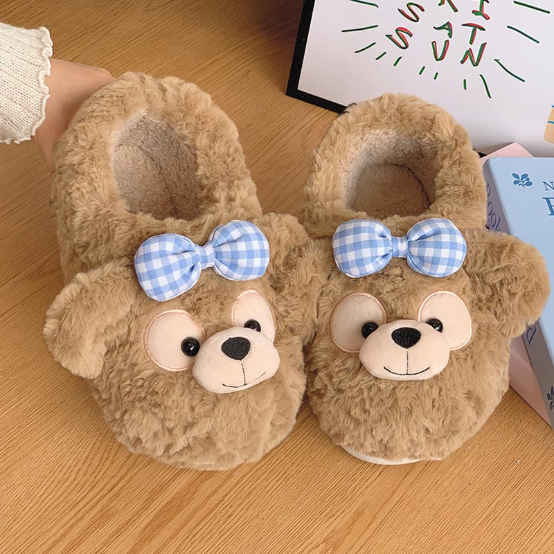 Chinelos de algodão feminino outono inverno bonito urso exterior usar sola grossa casa antiderrapante salto velo quente