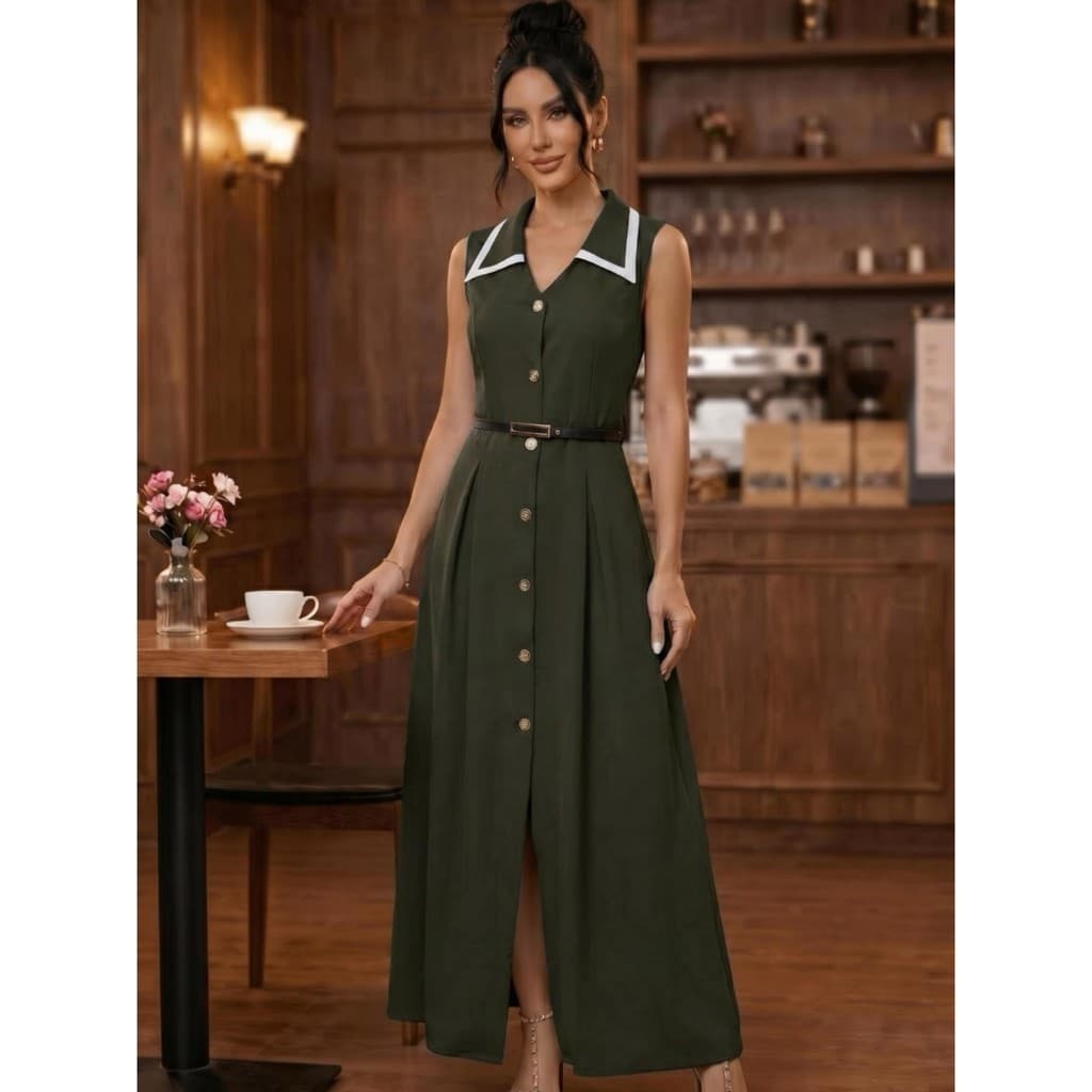 Vestido Longo Gola De Blazer, Decote V Sem Mangas, Botões Metálicos Na Frente, Acompanha Cinto Fino Preto Para Marcar