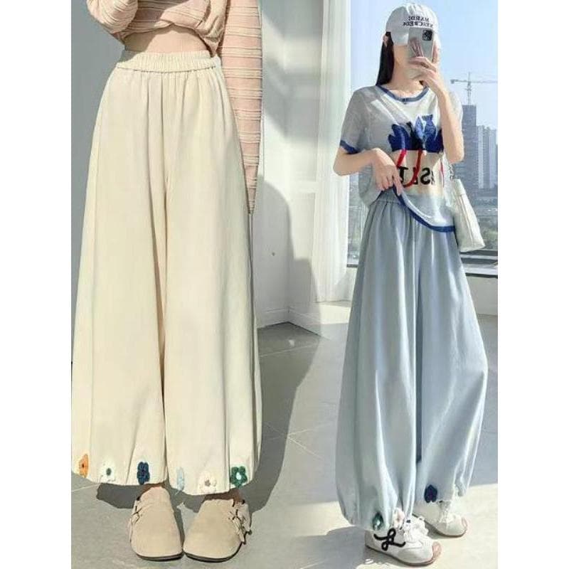 Retro nicho tridimensional flor calças casuais mulheres verão cintura alta mais magro olhar Bloomers Design sarja calças