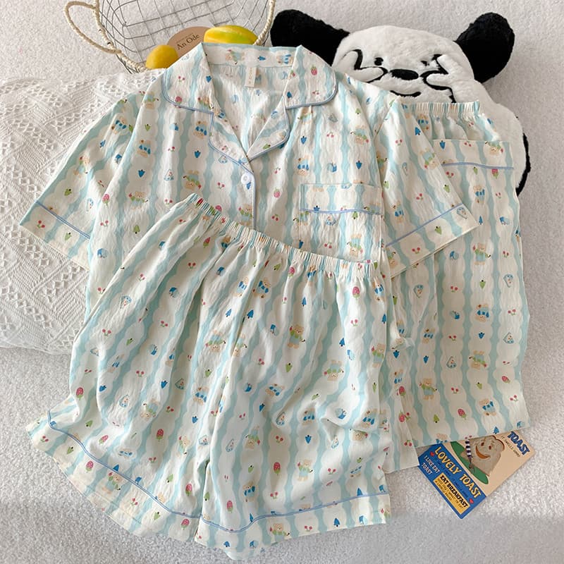 Calças de manga curta pijamas femininos primavera verão 2025 novo estilo nuvem algodão doce estilo urso camisa gola tern