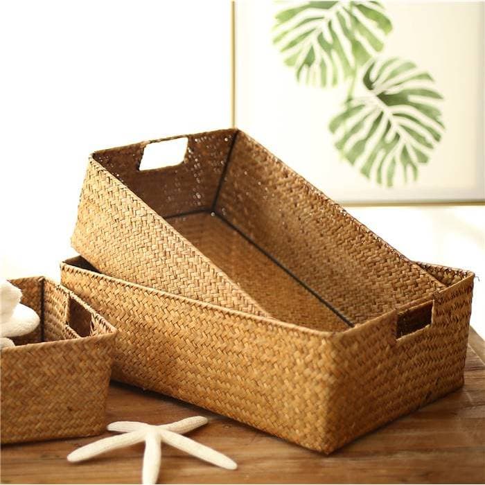 Palha tecido retangular caixa de armazenamento Seagrass Rattan tecido bambu tecido cesta armazenamento Desktop lanche ce