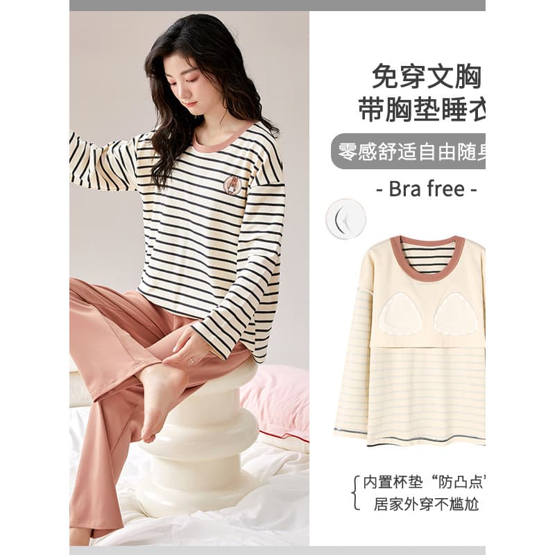 2025 Novo estilo pijama Super quente feminino primavera outono estilo algodão puro manga comprida com almofada no peito
