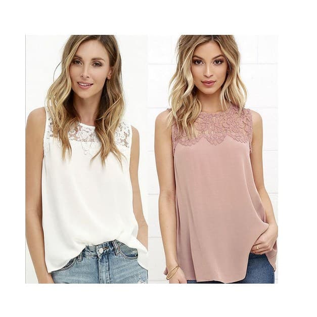 2017 AliExpress ebay Camisa sem mangas com costura branca rosa e renda Chiffon