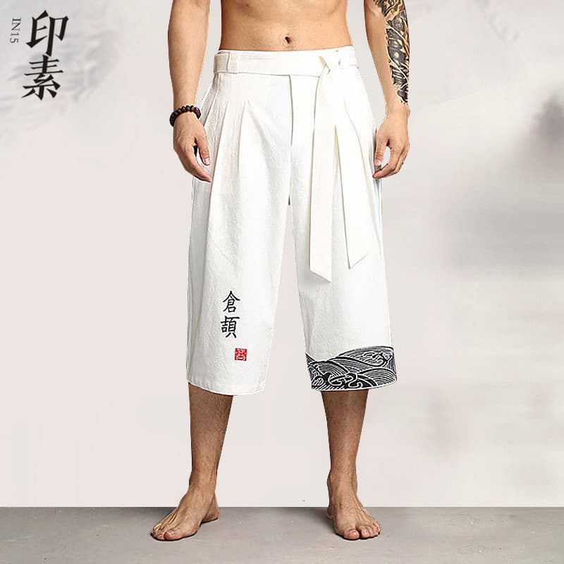 Estilo chinês Retro calças de perna larga homens linho solto verão Shorts na moda estilo japonês literário algodão linho