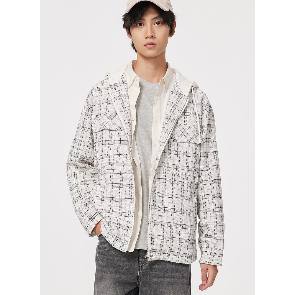 Primavera Metes americano Retro xadrez pequena fragrância costura jaqueta com capuz moda masculina solta jaqueta Casual