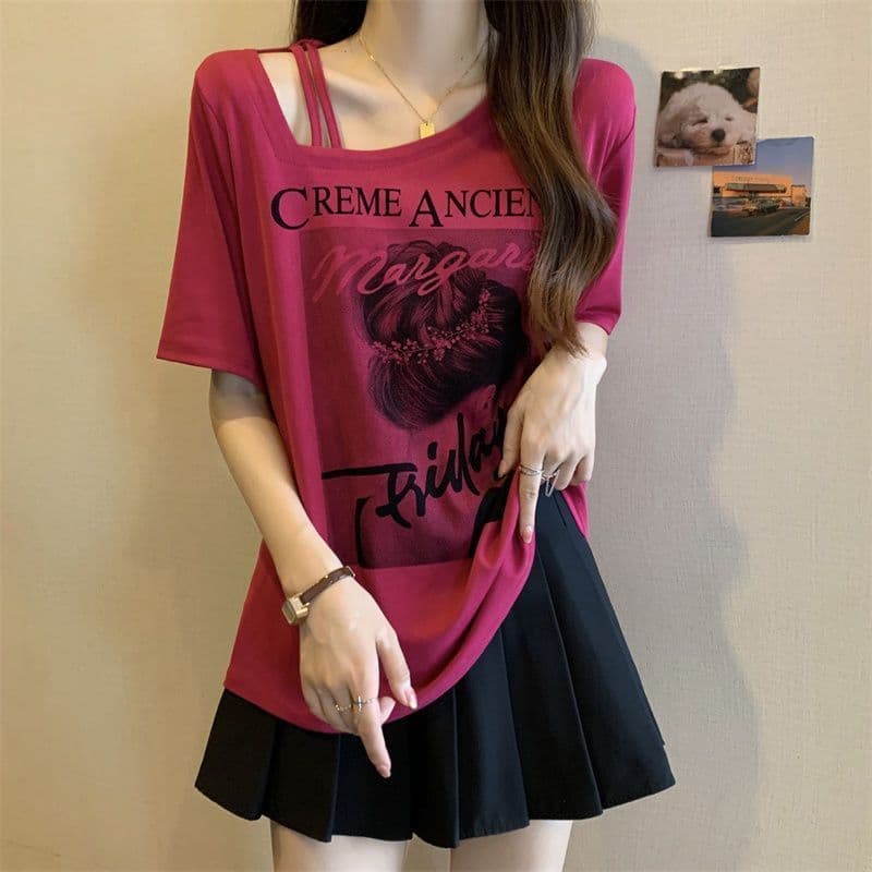 Plus Size feminino americano Retro de manga curta camiseta feminina verão 2026 novo estilo feminino solto mais magro olh