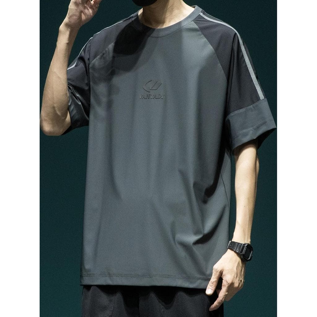 Americano Retro Design costura de manga curta masculina verão Street Wear solto gelo seda camiseta estilo fino de secage
