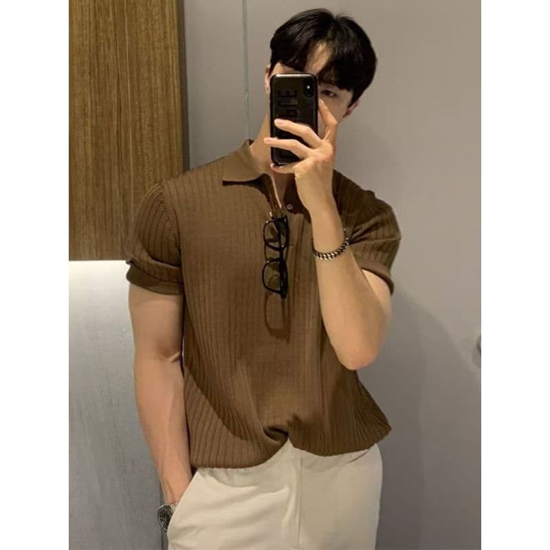 Verão novo estilo masculino camisa polo de seda gelo manga curta lapela magro-ajuste versão coreana topo Pit Strip Casua