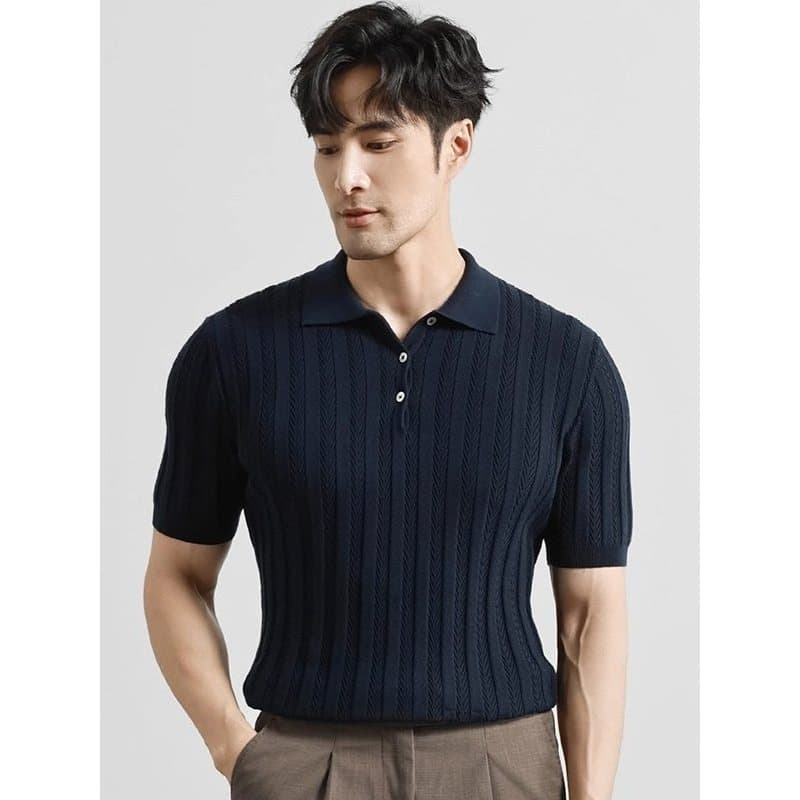 Americano Retro verão masculino Jacquard osso de corvo padrão lapela camisa polo respirável fino ajuste camisola de mang