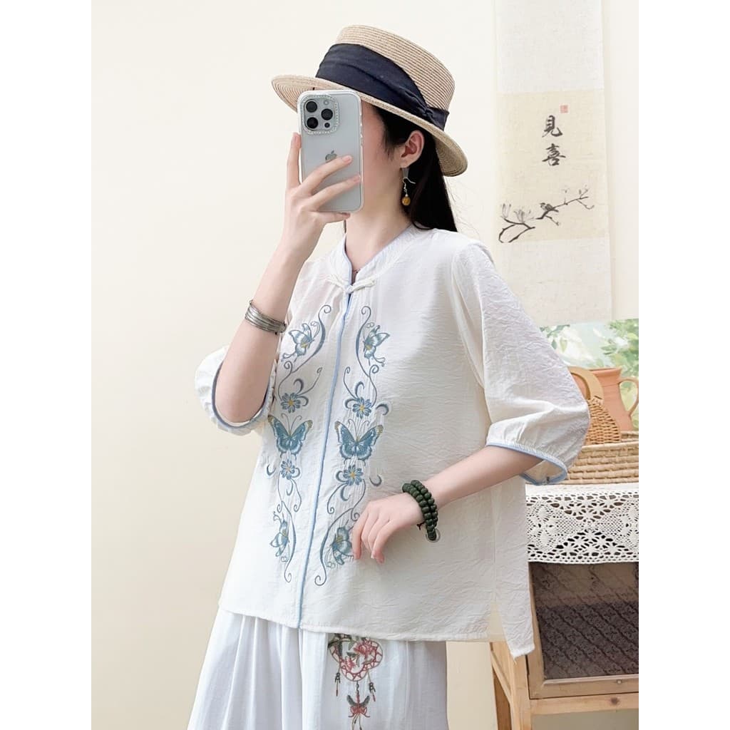 Estilo étnico camisa bordada feminina verão algodão linho solto topo estilo chinês fivela gola alta mais magro olhar All