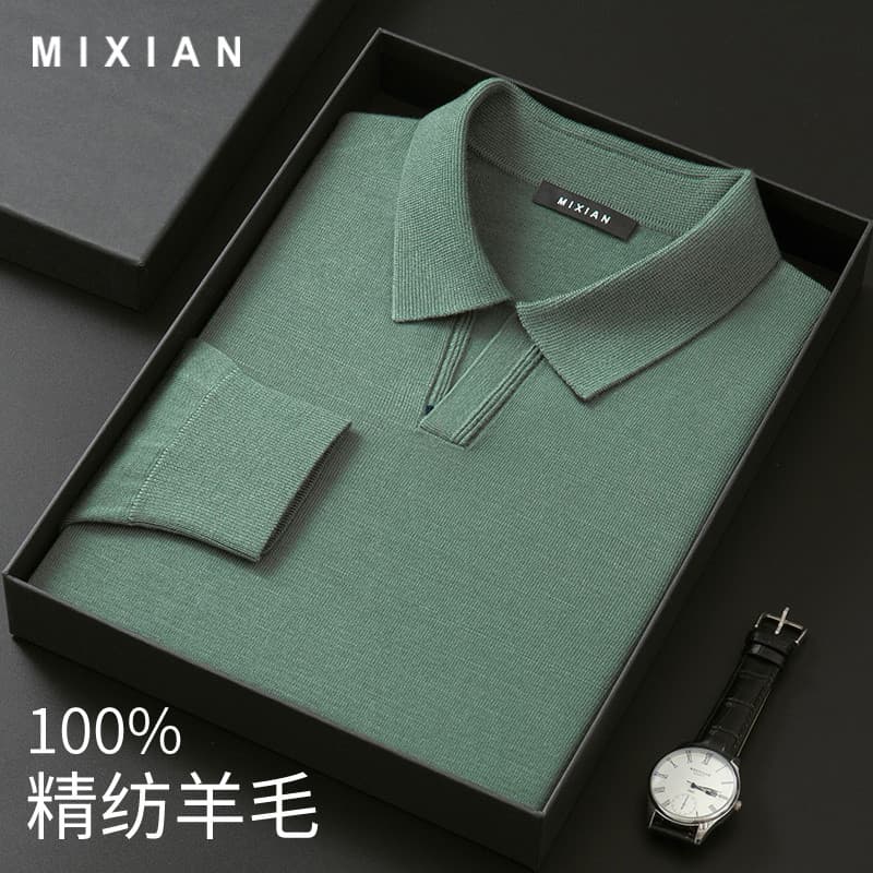 Suéter giratório fino fino masculino 100 camisa polo de lã pura suéter masculino de meia-idade cor sólida tricotado long