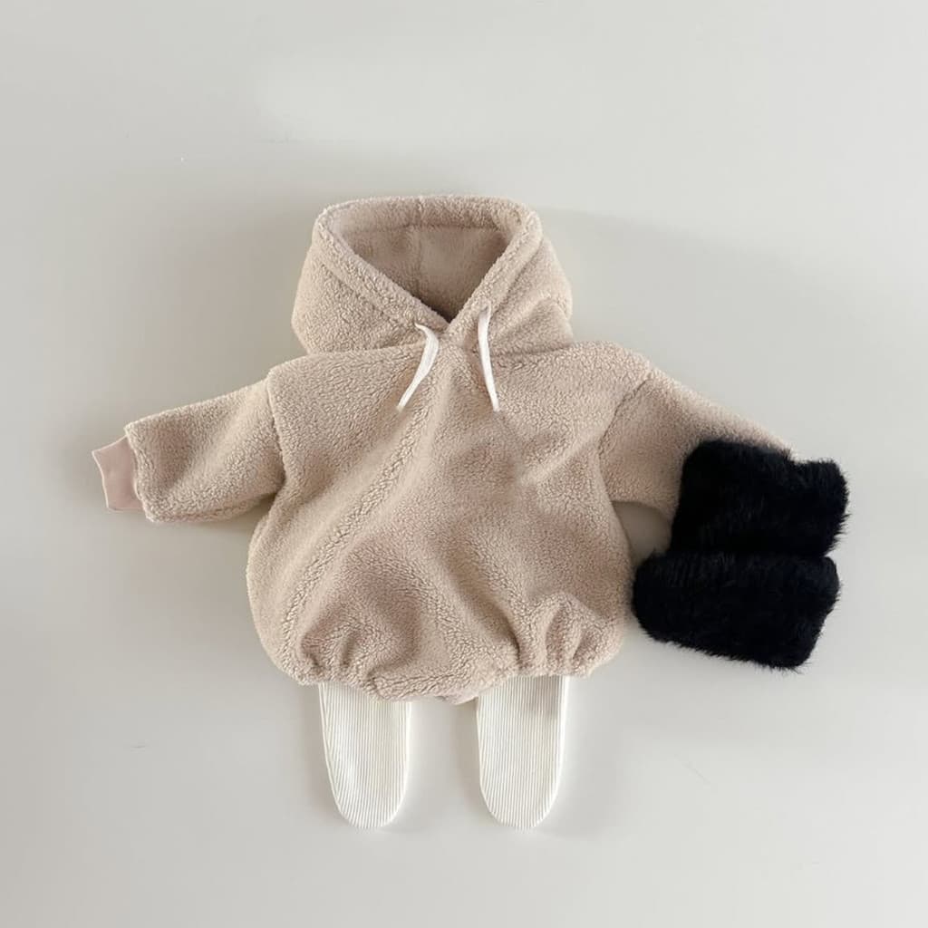 Novo produto macacão de bebê bonito triângulo envoltório roupas dupla face pelúcia com capuz quente macacão bebê outono