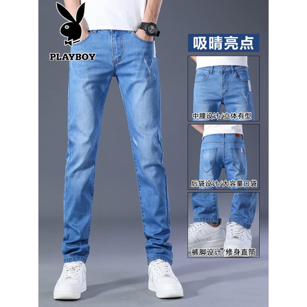 Playboy 2026 verão fino azul Jeans masculino fino ajuste estiramento confortável calças magras calças casuais