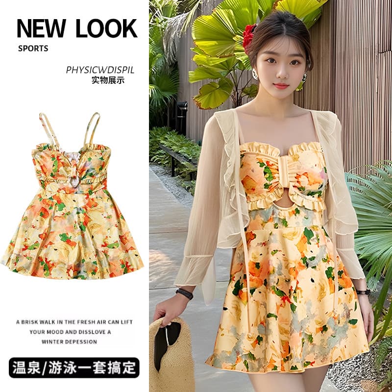 Maiô feminino 2025 novo estilo estilo francês temperamento Floral saia de uma peça estilo cobrindo carne mais magro olha
