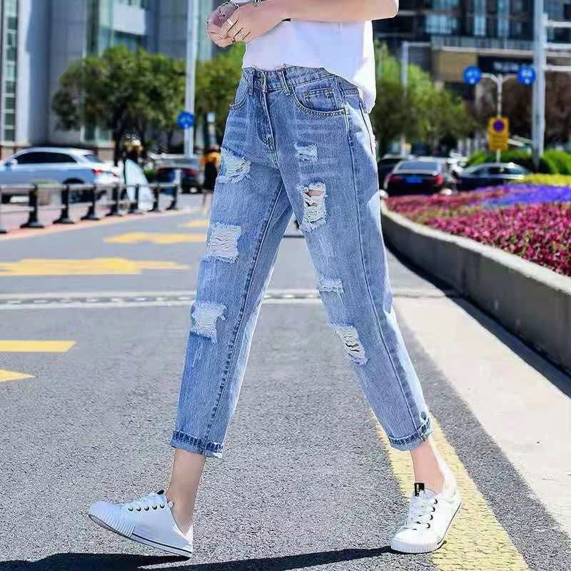 Rasgado velho Tay Jeans calças femininas verão moda Plus Size irmã gorda estilo fino solto tornozelo comprimento em linh