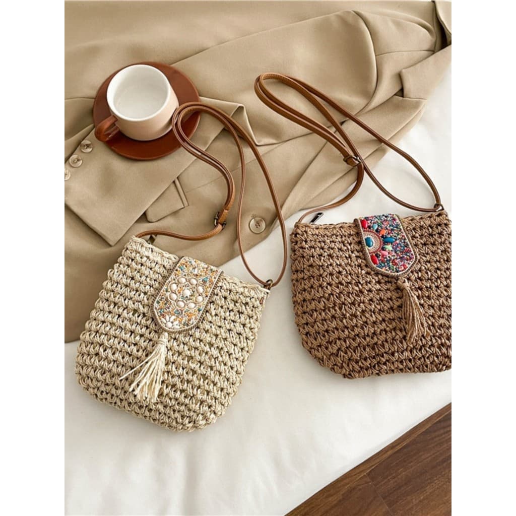 Bolsa de palha feminina 2025 novo estilo moda All-Match borla tecido saco à beira-mar férias praia saco ombro saco do me
