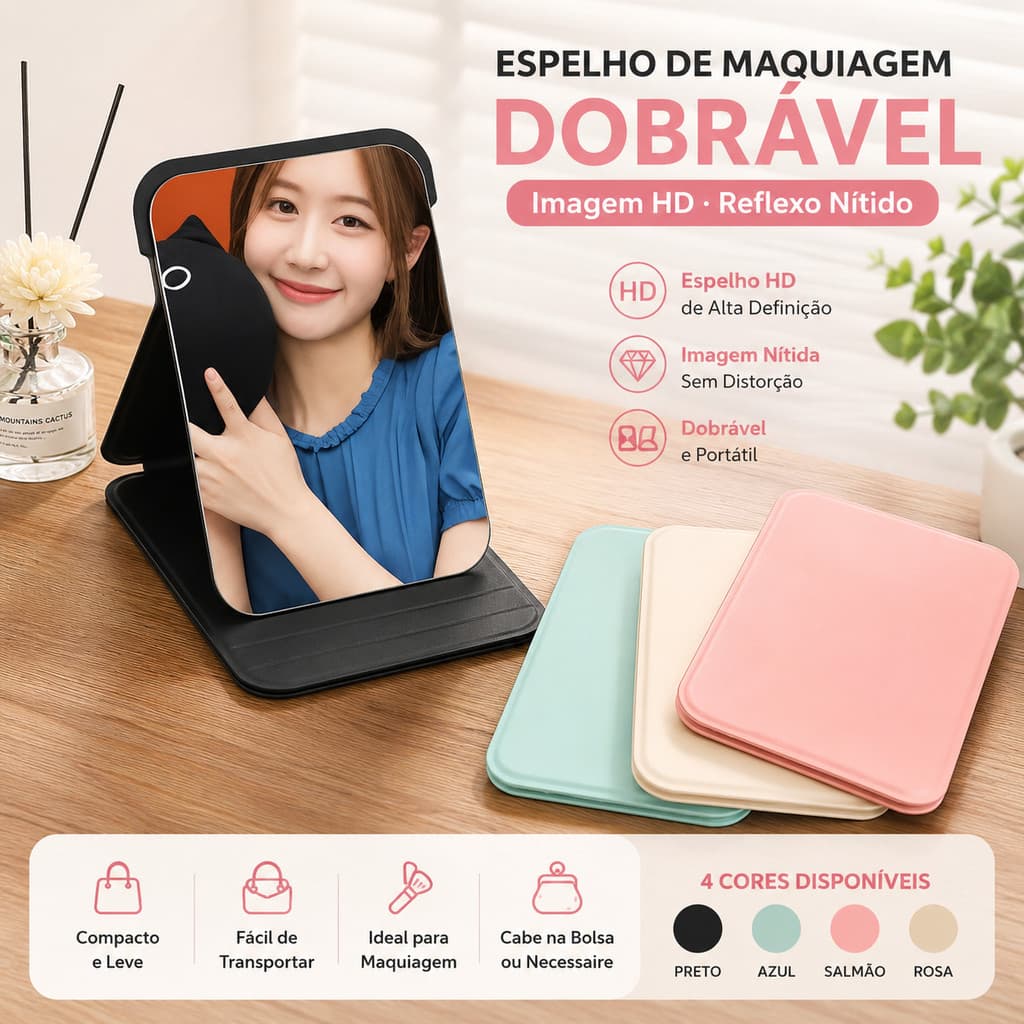 Espelho de Maquiagem Dobrável HD Portátil Ajustável para Mesa Penteadeira Viagem