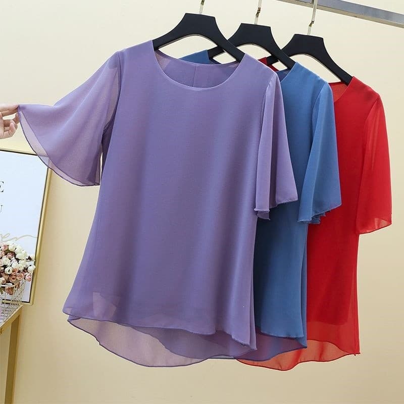 Blusa chiffon de manga curta top tamanho grande camisa de chiffon feminina de manga curta roupa de mãe verão solta mais