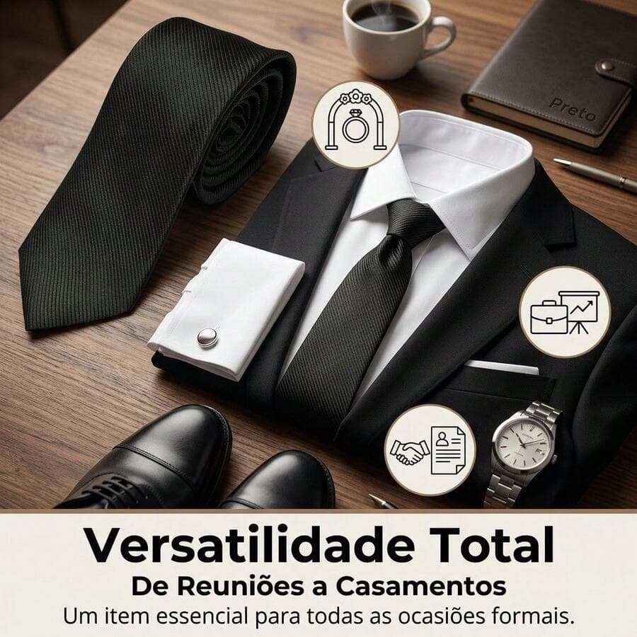 Gravata de fato às riscas, de estilo retro e luxo discreto, adequada tanto para o trabalho como para casamentos.