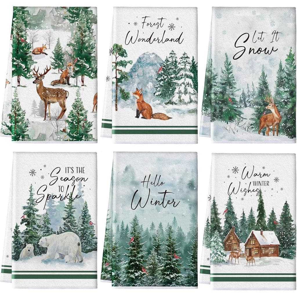 Conjunto de 6 toalhas de cozinha de inverno Hosuly, toalhas de mão com tema de floresta, designs de animais selvagens e