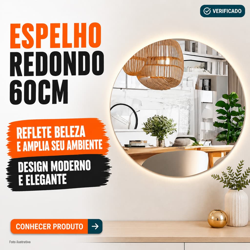 Espelho Redondo 60cm Vidro Lapidado Parede Decoracao Sala Quarto Banheiro Grande Moderno