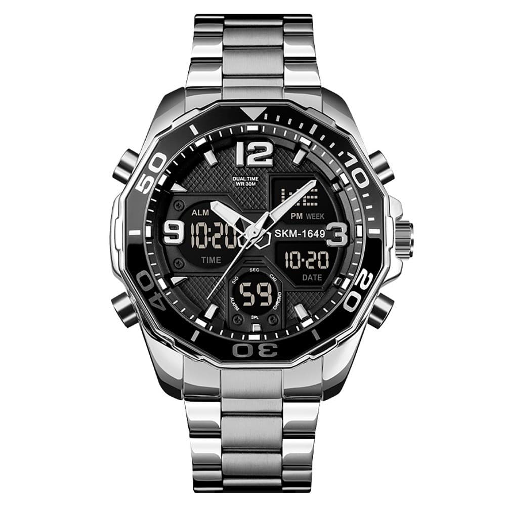 Relógio Masculino Skmei AnaDigi 1649 Prata e Preto, 5ATM, ESPORTIVO, DESPERTADOR, CRONÔMETRO, LUZ,