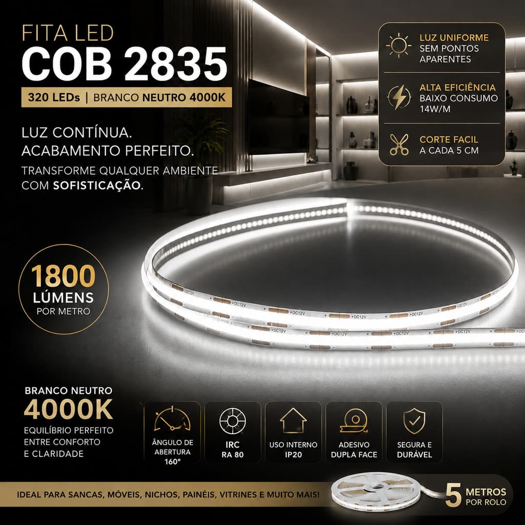 FITA LED COB 5 METROS 320 LEDS BRANCO NEUTRO 4000K 12V LUZ CONTÍNUA SEM PONTOS
