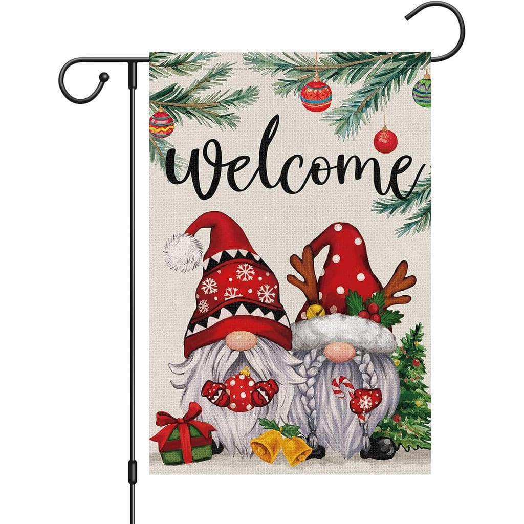Bandeira de Jardim com Gnomo de Natal, Dupla Face, 12x18 Polegadas, Vertical, Pequena, de Juta, para Boas-Vindas de Nata