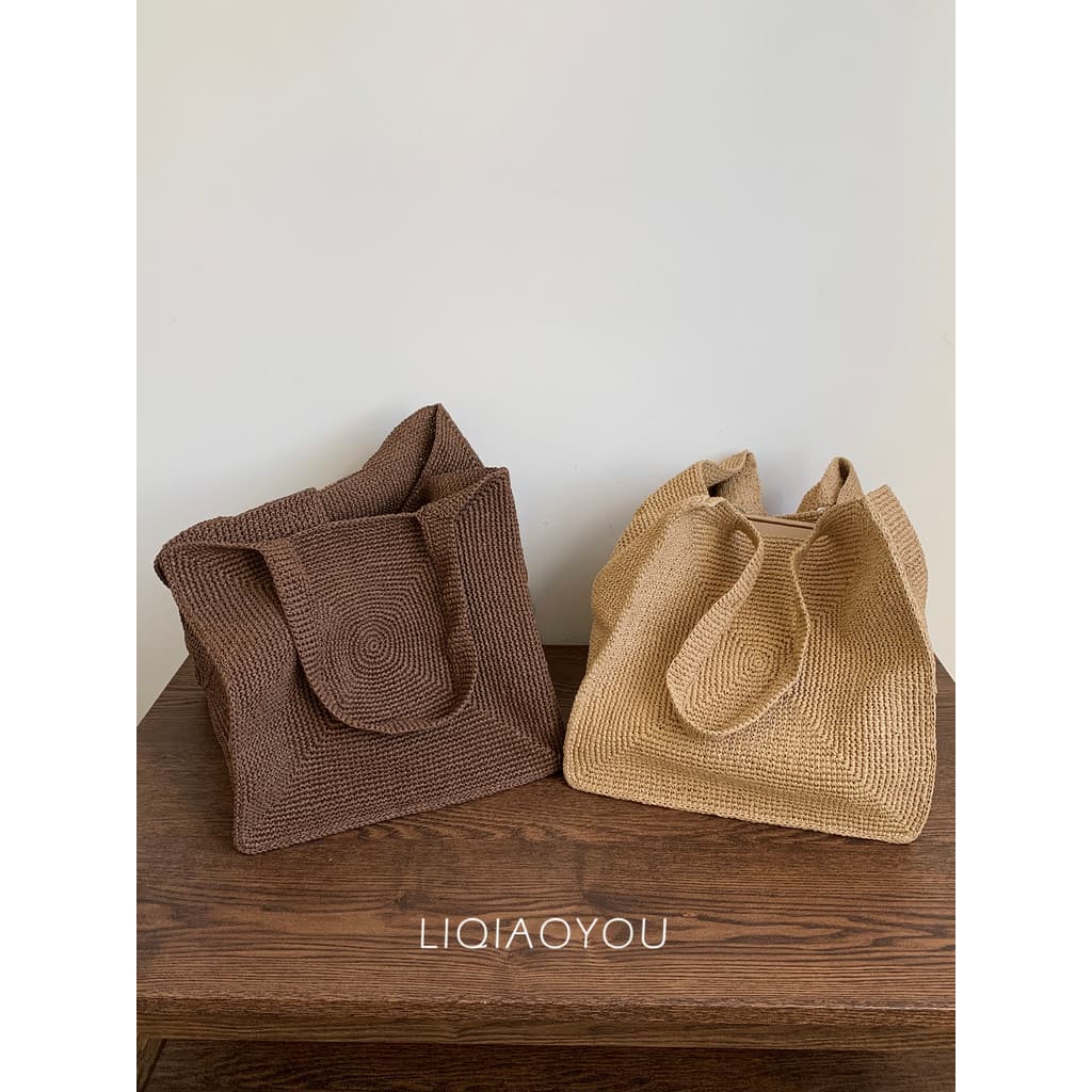 Li Qiaoyou High-End Design Sense/Papel Grama Tecido Sacola Feminina Primavera Verão Grande Capacidade Casual All-Ma