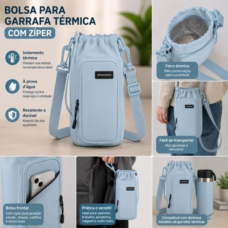 Bolsa Porta Garrafa Térmica com Zíper e Alça Ajustável Impermeável para Viagem Academia Passeio