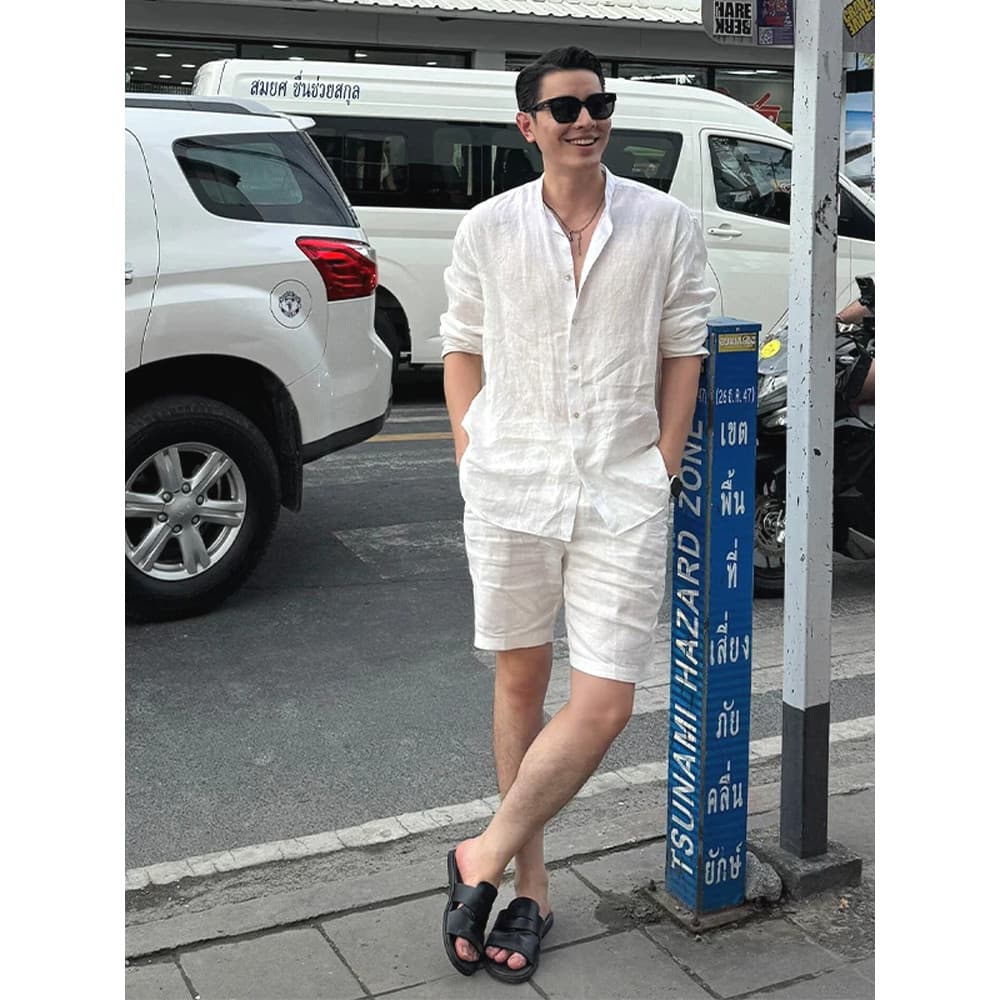 Camisa masculina de linho de algodão estilo americano, gola alta, Slim fit, manga comprida, cardigã de linho, camisa Cas