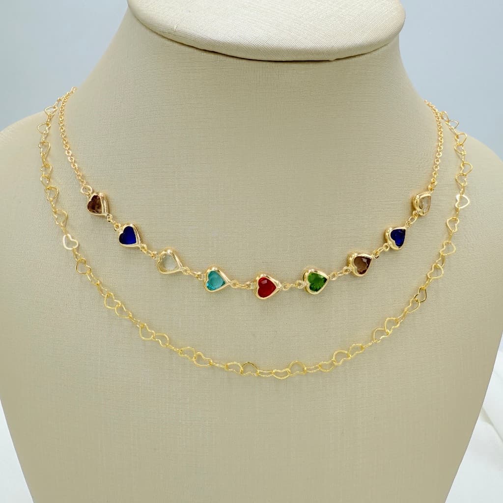 KIT 2 Choker Colorido coração  + Colar Com coração   Folheado  A Prata 925 e ouro 18k