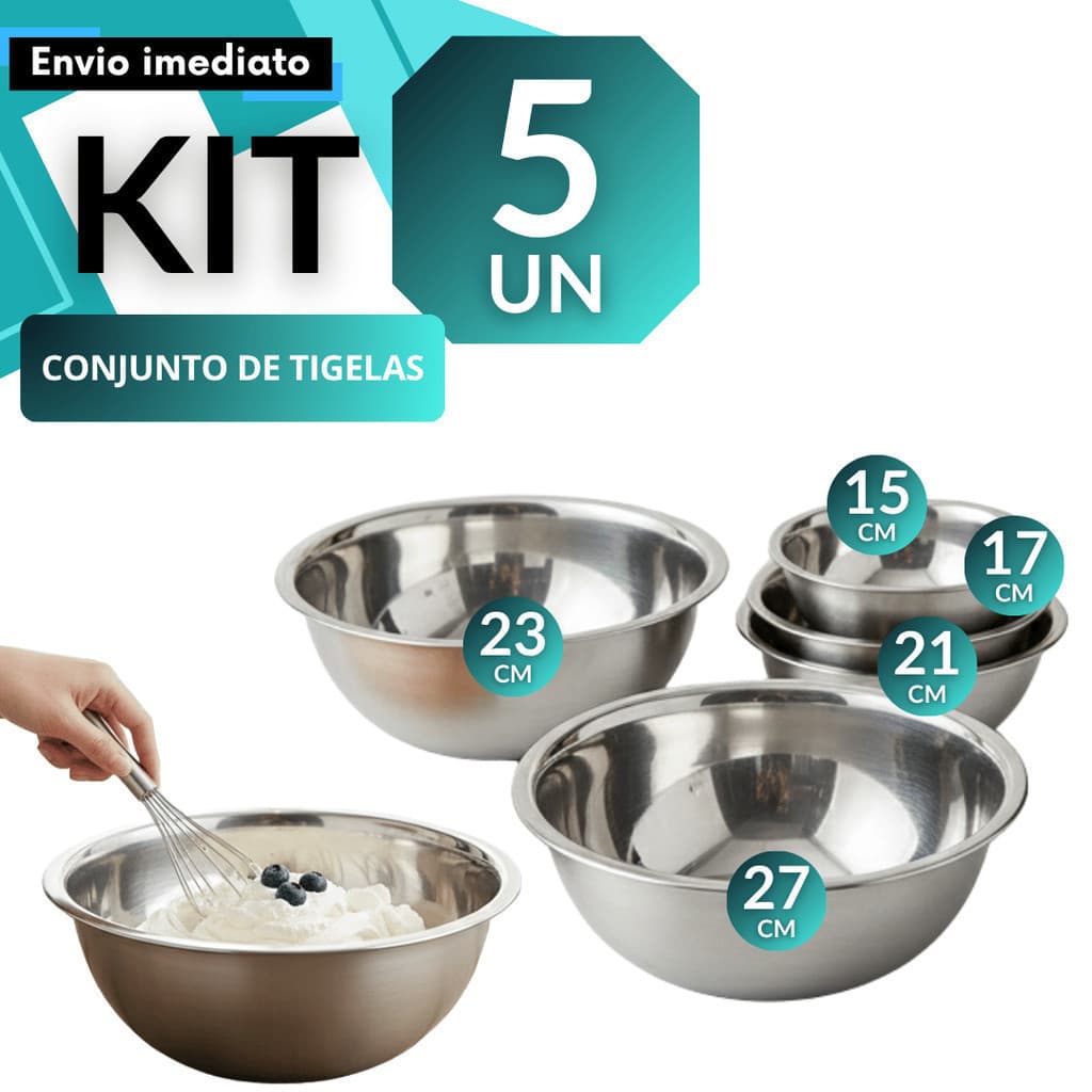 Conjunto Tigelas Saladeiras Aço Inox 5 Peças Cozinha Restaurante Mise en Place Dia a Dia Servir Preparar Molhos Saladas