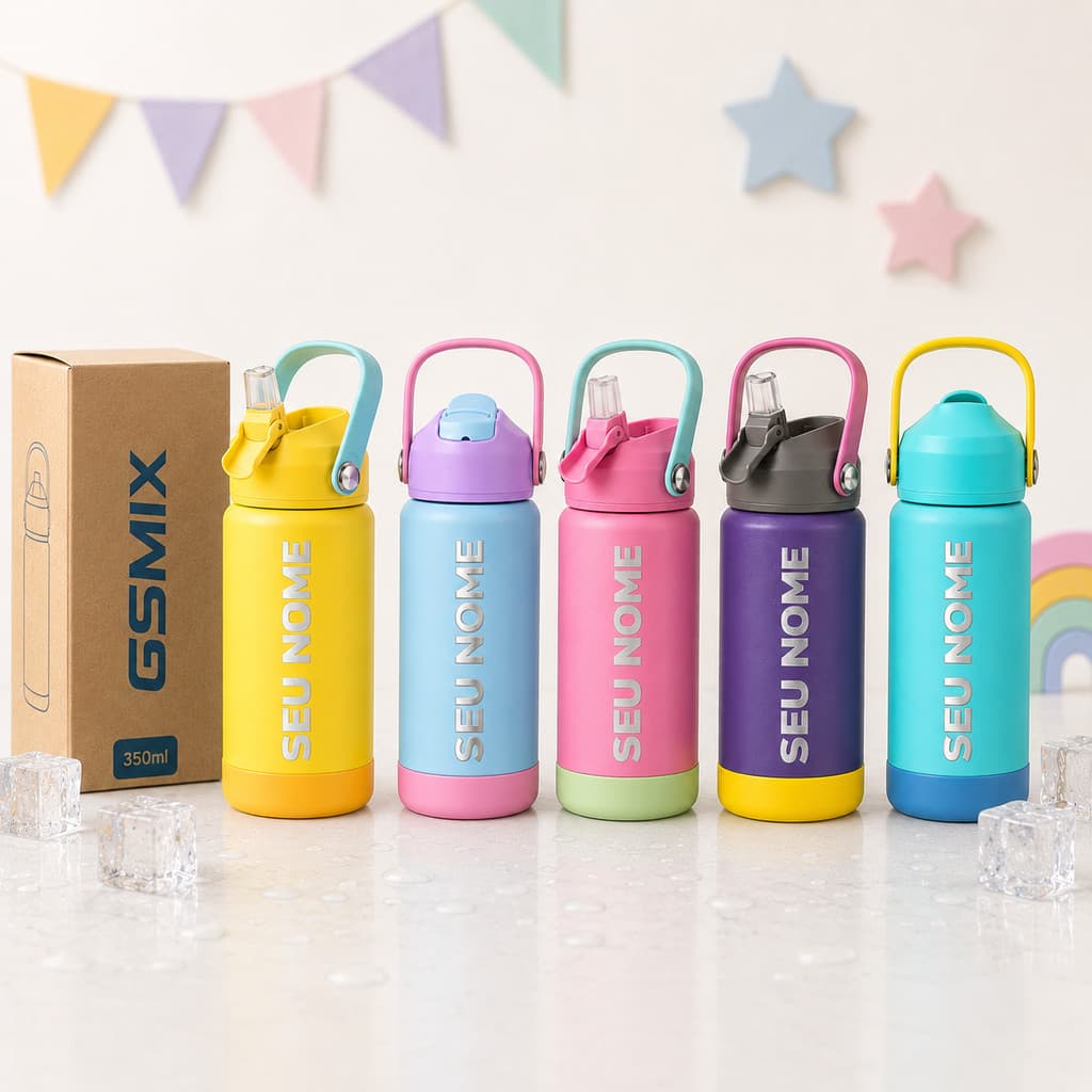 Garrafinha Térmica Infantil Personalizada 500ml Com Canudo