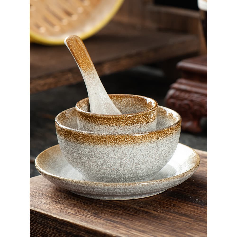 Tigela de cerâmica retrô à moda antiga, talheres de grés, pires, colher, copo, conjunto de comida para uma pessoa, 4 peç