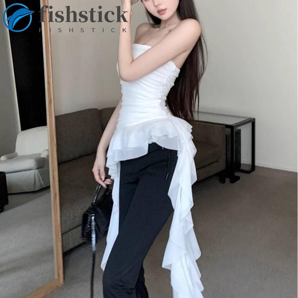 Colete Irregular Com Babados FISHSTICKA , Top Feminino Elegante De Primavera Verão Tubo Recortado De Malha Doce