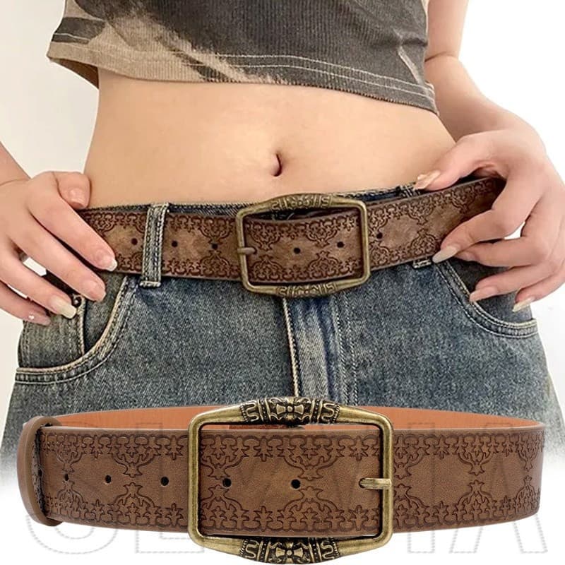 American Retro Gofragem Padrão De-Y2k , Punk , Spice Cintos De Couro , Pu-Jeans , Dress , Decorative For Women Men-Brown