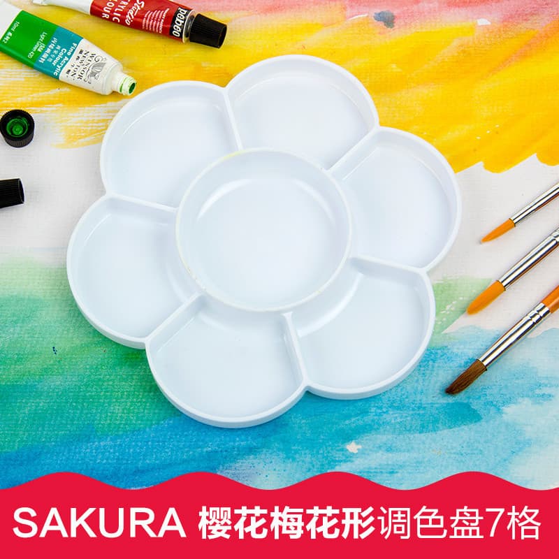 Paleta japonesa Sakura Sakura em formato de ameixa 7 grades Acrílico Guache Aquarela Paleta de pigmentos de pintura chin
