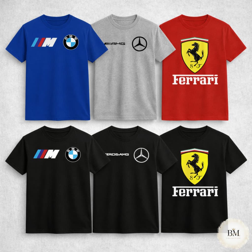 KIT 3 Camisetas Infantis Algodão Ferrari BMW Mercedes Carros Esportivos