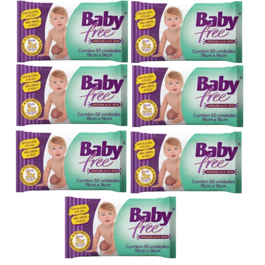 Kit com 7 Lenços Umedecidos Baby Free Toalha Umedecida Qualybless 7 Pacotes com 50 unidades