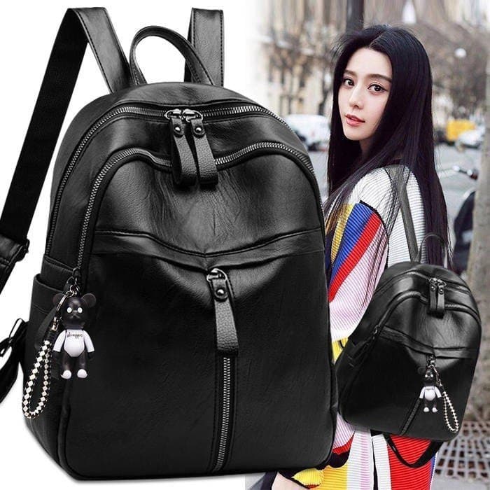 Mochila feminina versão coreana moda pu couro macio na moda saco simples preto Casual mochila estilo de um ombro saco do